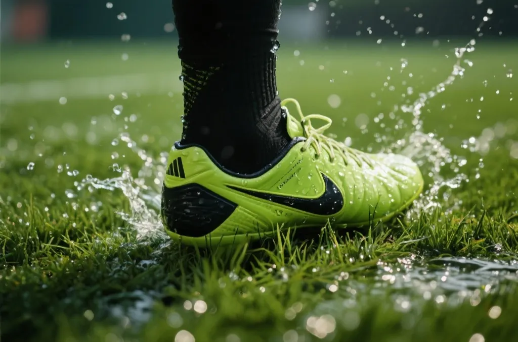 特写镜头：足球鞋踩在湿润的绿茵草皮上，草屑与水花飞溅