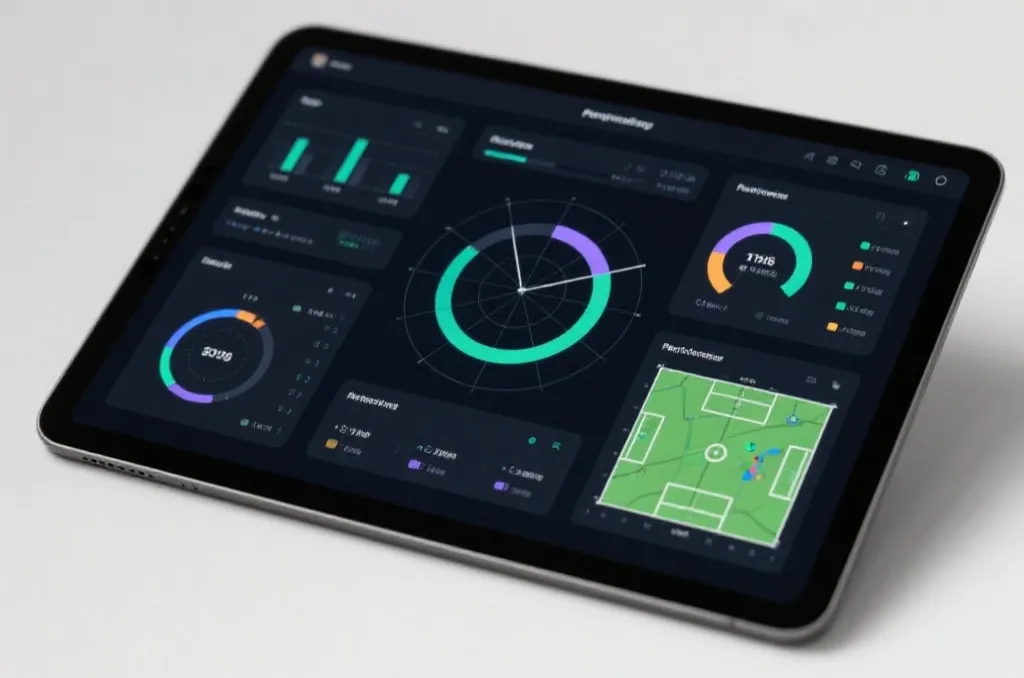 Abstract sports analytics dashboard on a tablet screen, showing performance radar charts and tactical heatmaps, neutral background